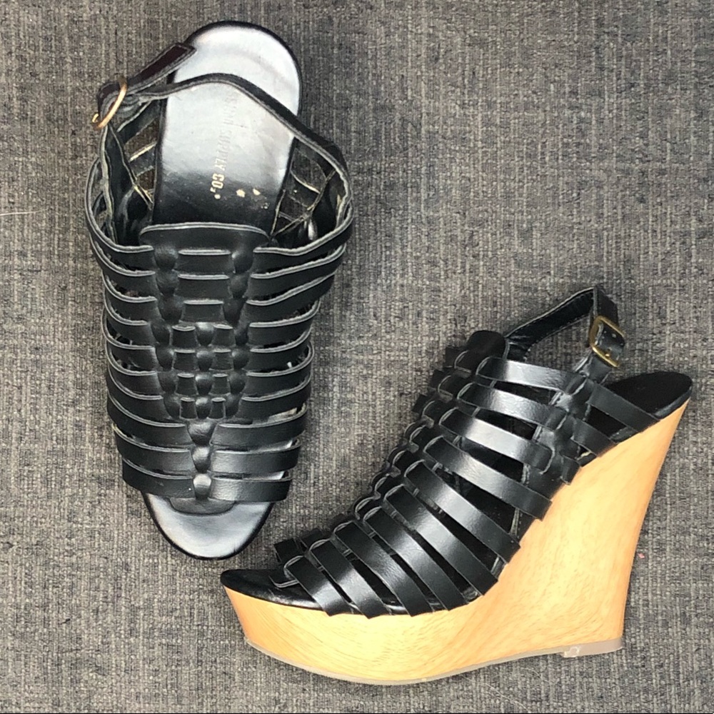 Black Faux Leather Wedges